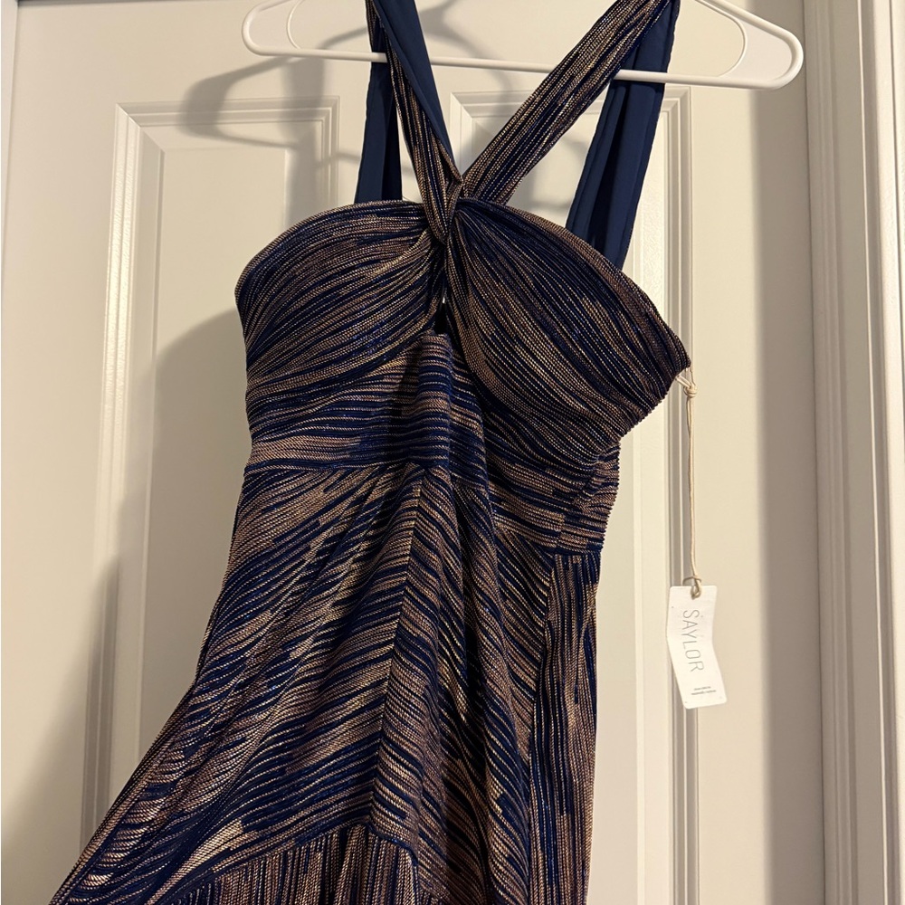 SAYLOR Blue and Gold Ruched Backless Sundress with Halter Neckline